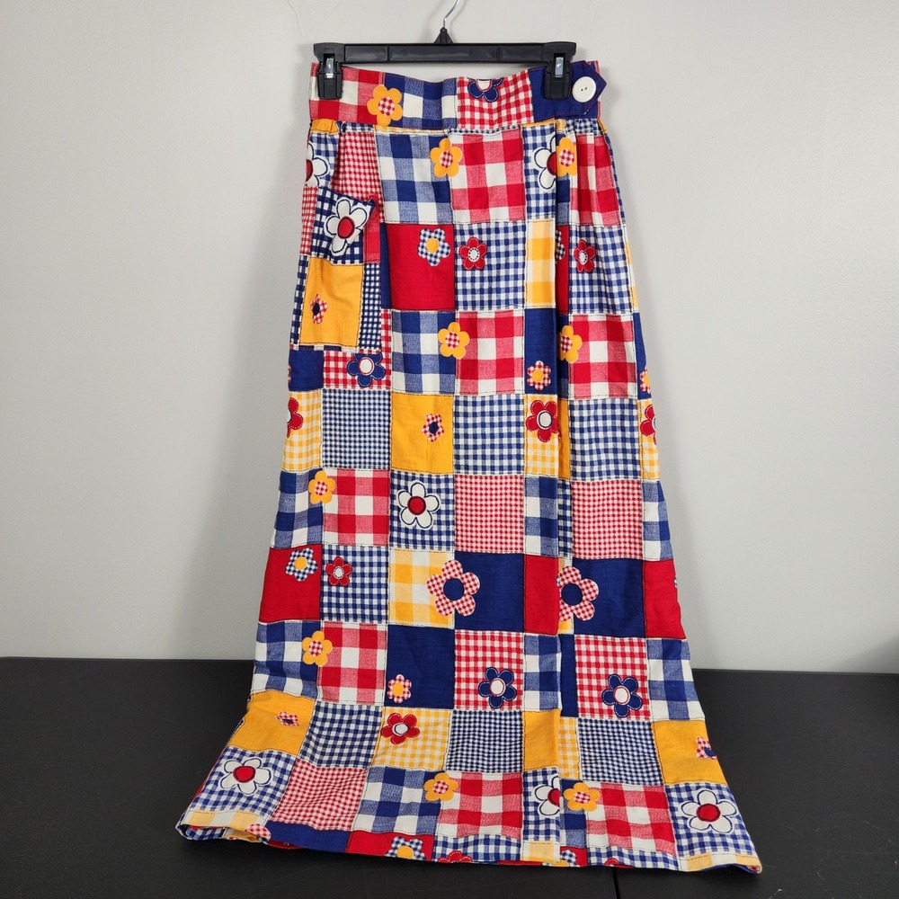 Vintage Fritzi of California Patchwork Gingham Floral Maxi Skirt Retro 70s Boho